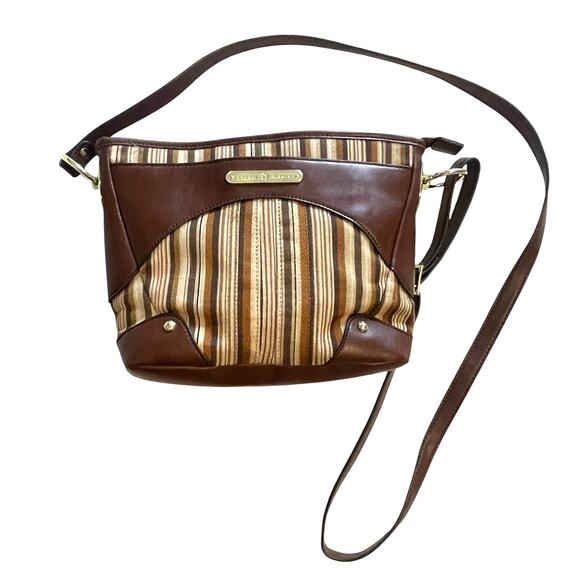 Etienne Aigner Brown Striped Bag Womens Leather Trim Handbag Purse - Picture 3 of 14